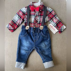 Cat and Jack boys 2 piece flannel shirt jeans with bow tie  outfit 0-3 months